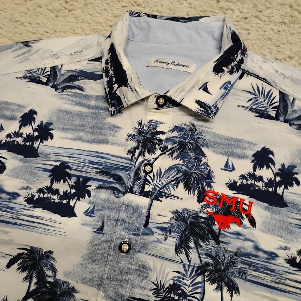 SMU Mustangs Tommy Bahama Shirt Mens Large Blue Hawaiian Tropical Button Beach